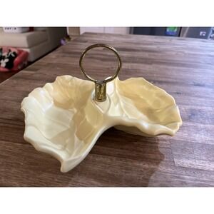 Vintage USA California Pottery Yellow Double Leaf Candy Nut Dish Brass Handle